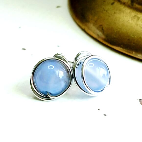 Blue Lace Agate Crystal Stud Earrings, Gemstone Jewelry, 8mm - Picture 1 of 3